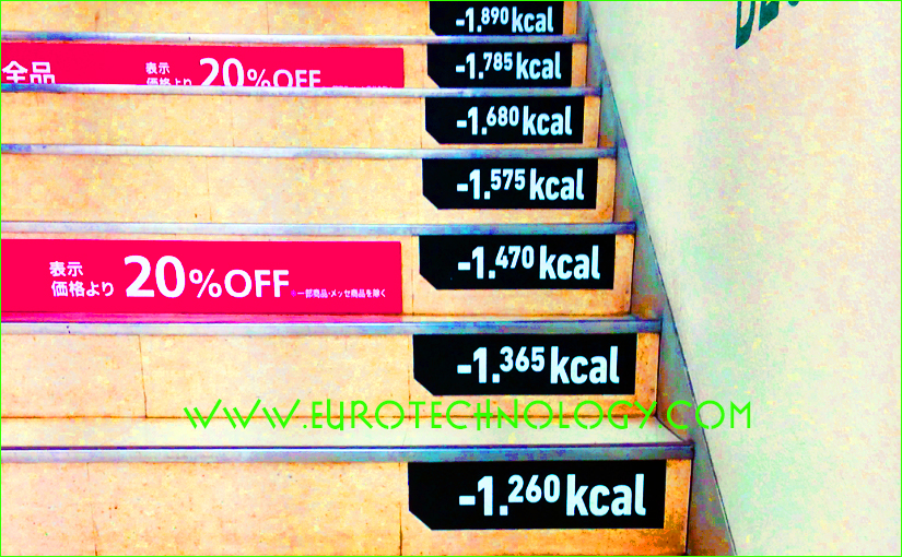Keep fit and save electricity: geeky way to encourage people to climb stairs, seen in Tokyo at Tokyu Hands Shibuya store